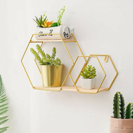 Hexagon Wall Mounted Shelf Display Rack Gold Metal Storage Shelving Home Decor