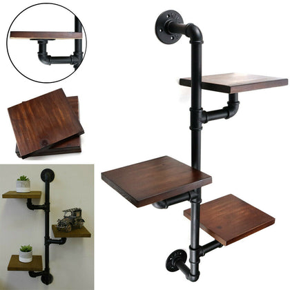 3 Tiers Industrial Pipe Wooden Metal Wall Floating Shelf Storage Shelving Unit