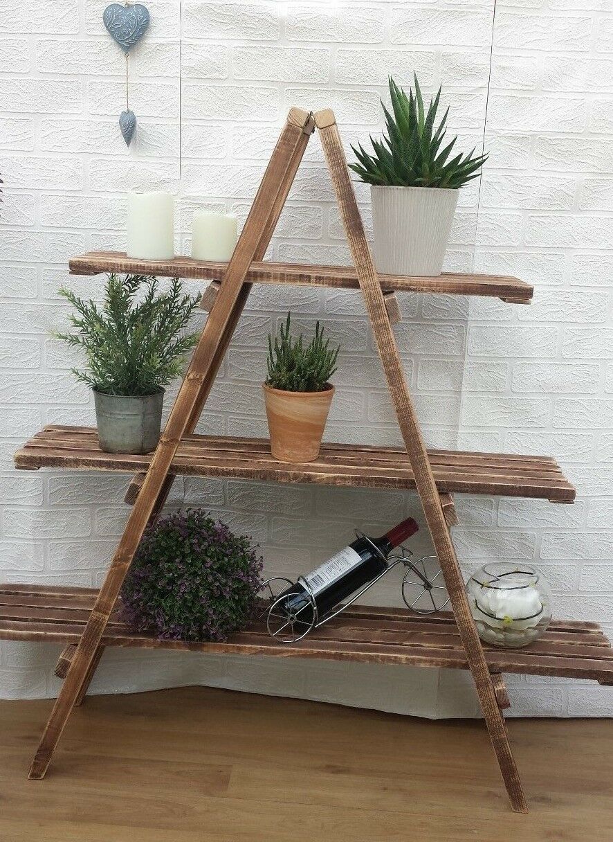 Rustic 3 Tier Wooden Ladder Shelf Shelves Bookcase Plant Flower Shelving