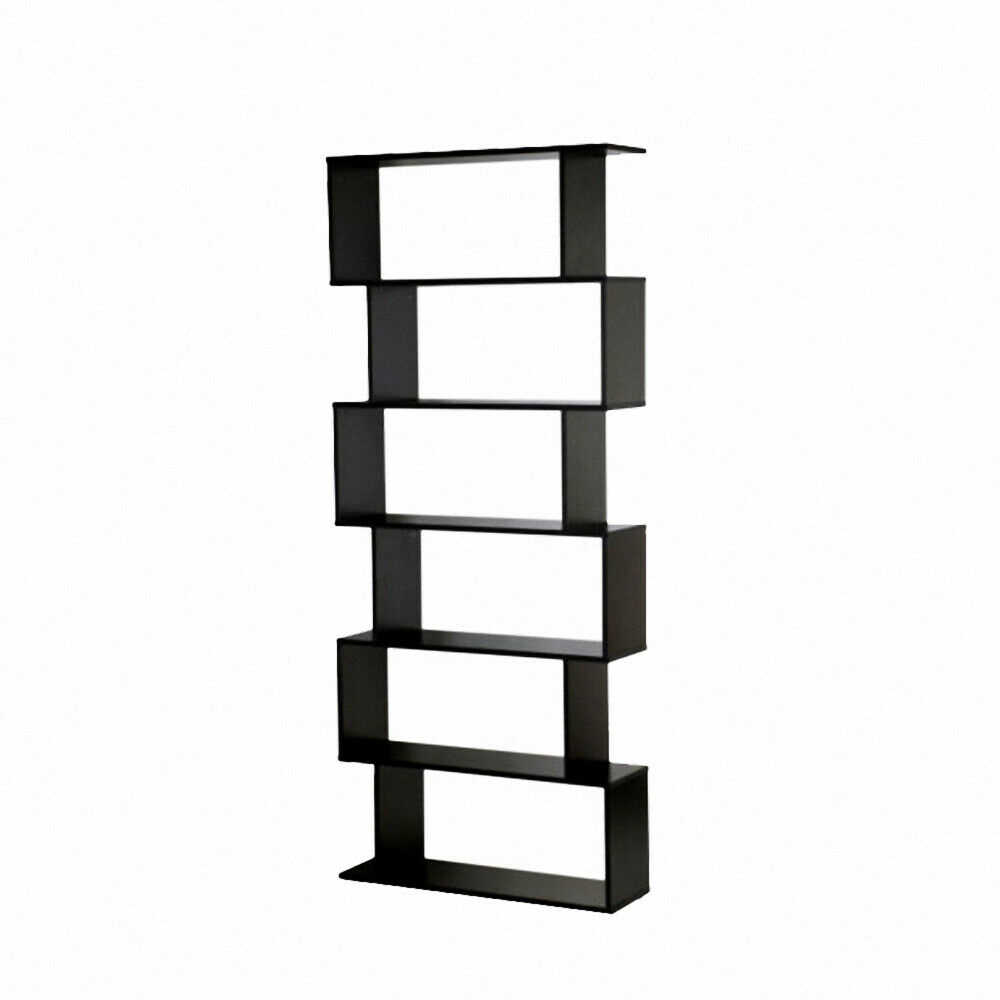Black Bookcase 6 Tier S Shape Free Standing Storage Unit Bookshelf Shelves