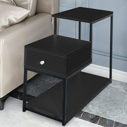 L Shaped Black Side Table Nightstand Sofa End Table w/ Drawer Storage forBedroom