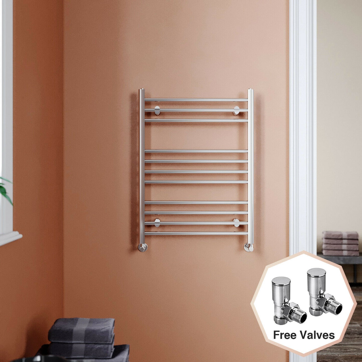 Chrome Towel Rail Radiator Rads Bathroom Heated Straight Ladder Warmer w/ Valves