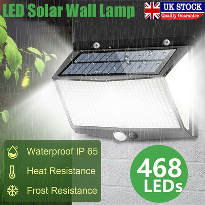 468 LED Solar Wall Lights PIR Motion Sensor Outdoor Garden Yard Security Lamp UK