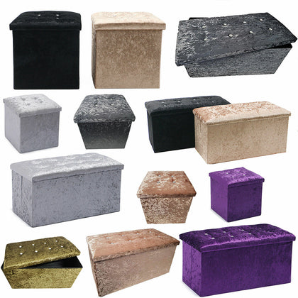 Crushed Velvet Diamante Storage Ottoman Seat Box Pouffee Foot Stool Cover Home