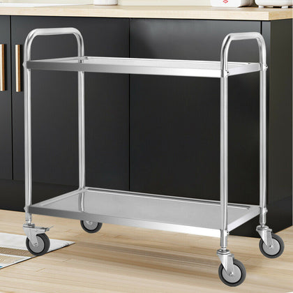 2 Tier Stainless Steel Kitchen Trolley Hotel Catering Serving Cart Rolling Rack