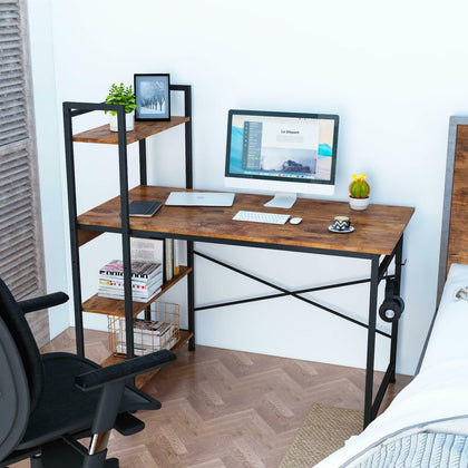 Industrial Style Metal Frame Wooden Computer Desk With 3 Storage Shelves Hooks