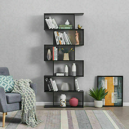 Storage Bookcase 6 Shelves Wood Bookshelf S Shape Display Unit Home Furniture UK