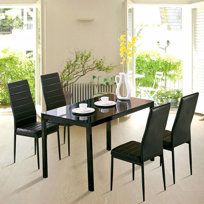 Black Tempered Glass Dining Table & 2/4/6 Faux Leather Chairs Set Home Furniture