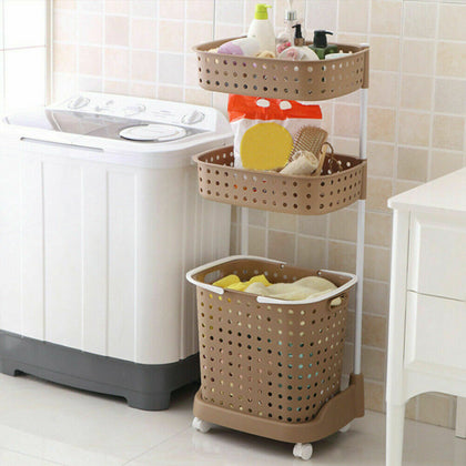 3 Tier Laundry Washing Clothes Basket Storage Cart Trolley Bathroom Organiser