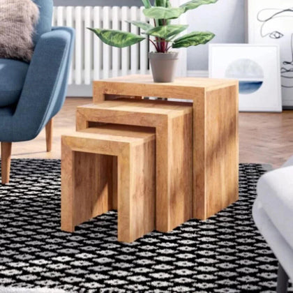 Rustic Wooden Nest of Tables Set of 3 Antique Solid Wood Nesting Tables Vintage