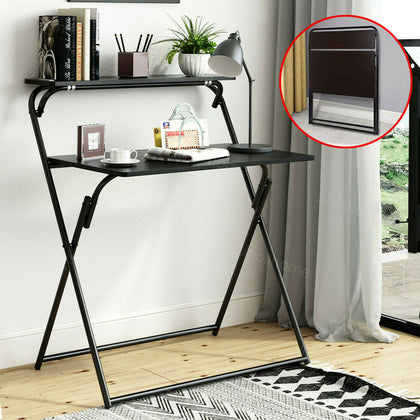 85cm Black Folding Writing Desk Metal Frame Home Office Workstation 2 Tier Shelf