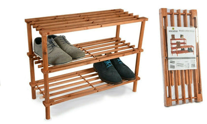 3 Tier Natural Walnut Wooden Shoe Rack Storage Stand Shelf Unit Organizer Slated