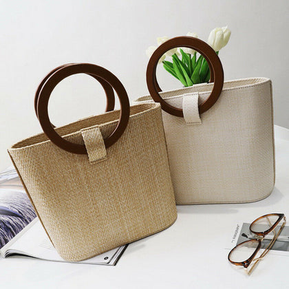 Bohemia Style Ring Handle Shoulder Straw Woven Tote Bag Handbag Summer Beach UK