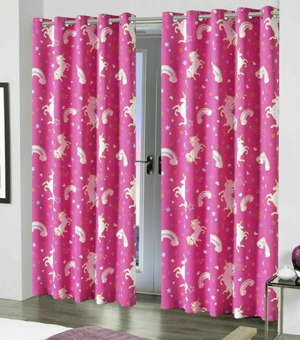 Glow in Dark Unicorn Blackout Ready Made Curtains Pair Eyelet Kids Girl Pink