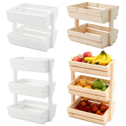 Wooden Natural/White Vegetable Fruit Basket Stacking Container Storage Shelf NEW