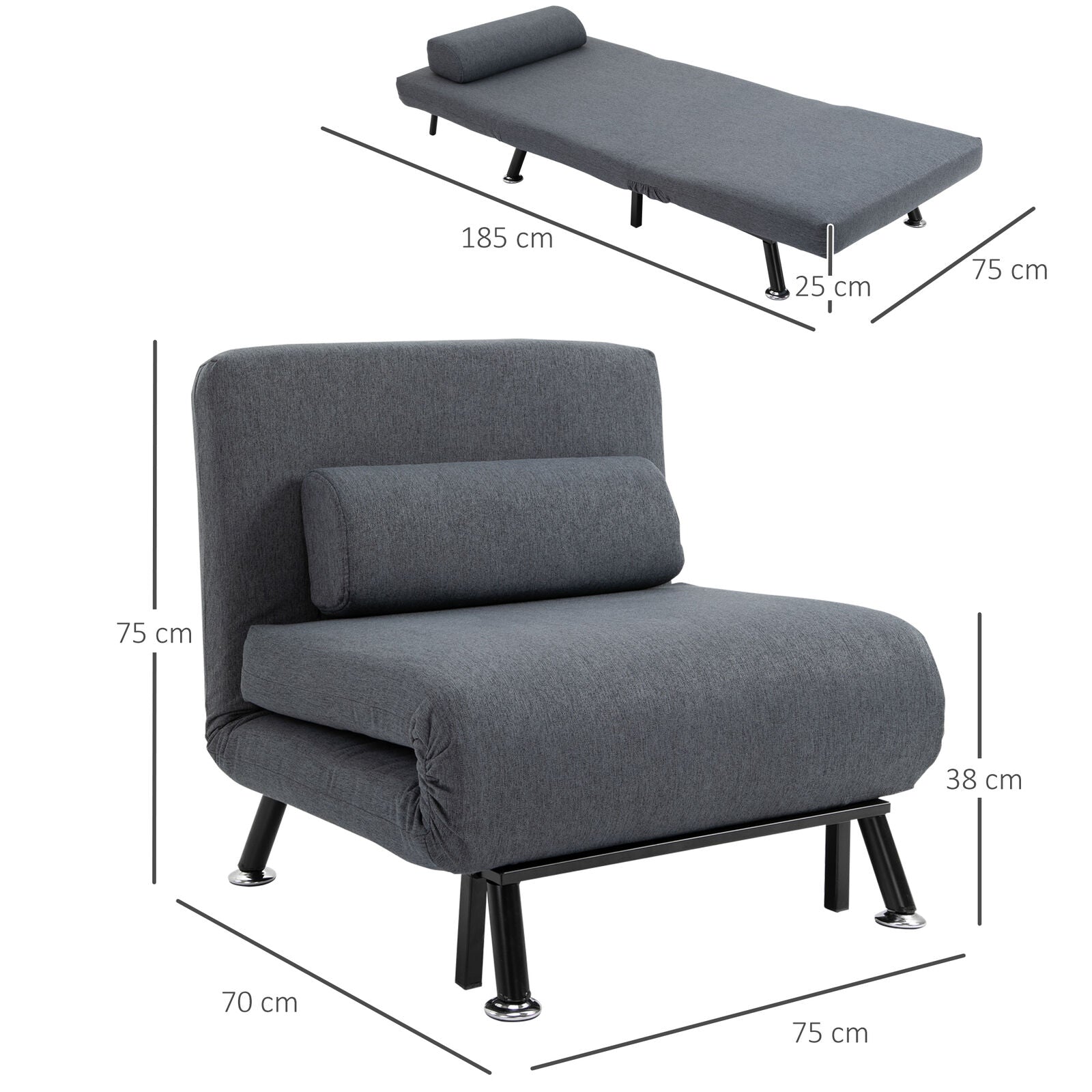 HOMCOM Folding 5 Position Steel Convertible Sleeper Bed Sofa Chair Lounge- Black