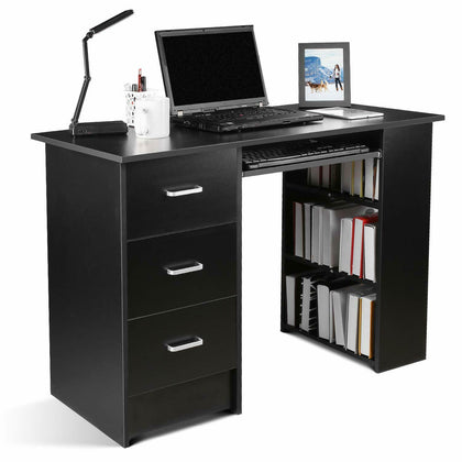 110cm Computer Desk PC Table Workstation w/ 3 Shelf & Drawers Black