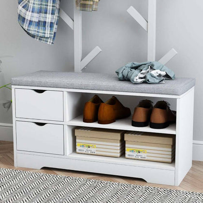 Shoe Bench Shoes Storage Rack Wooden Cabinet Padded Seat Cushion Hallway White