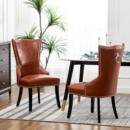 Vintage Faux Leather Tan Dining Chair with Knocker Stud High Back Kitchen Chair