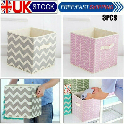 3Pcs Foldable Storage Collapsible Canvas Box Organizer Fabric Cube Cloth Basket