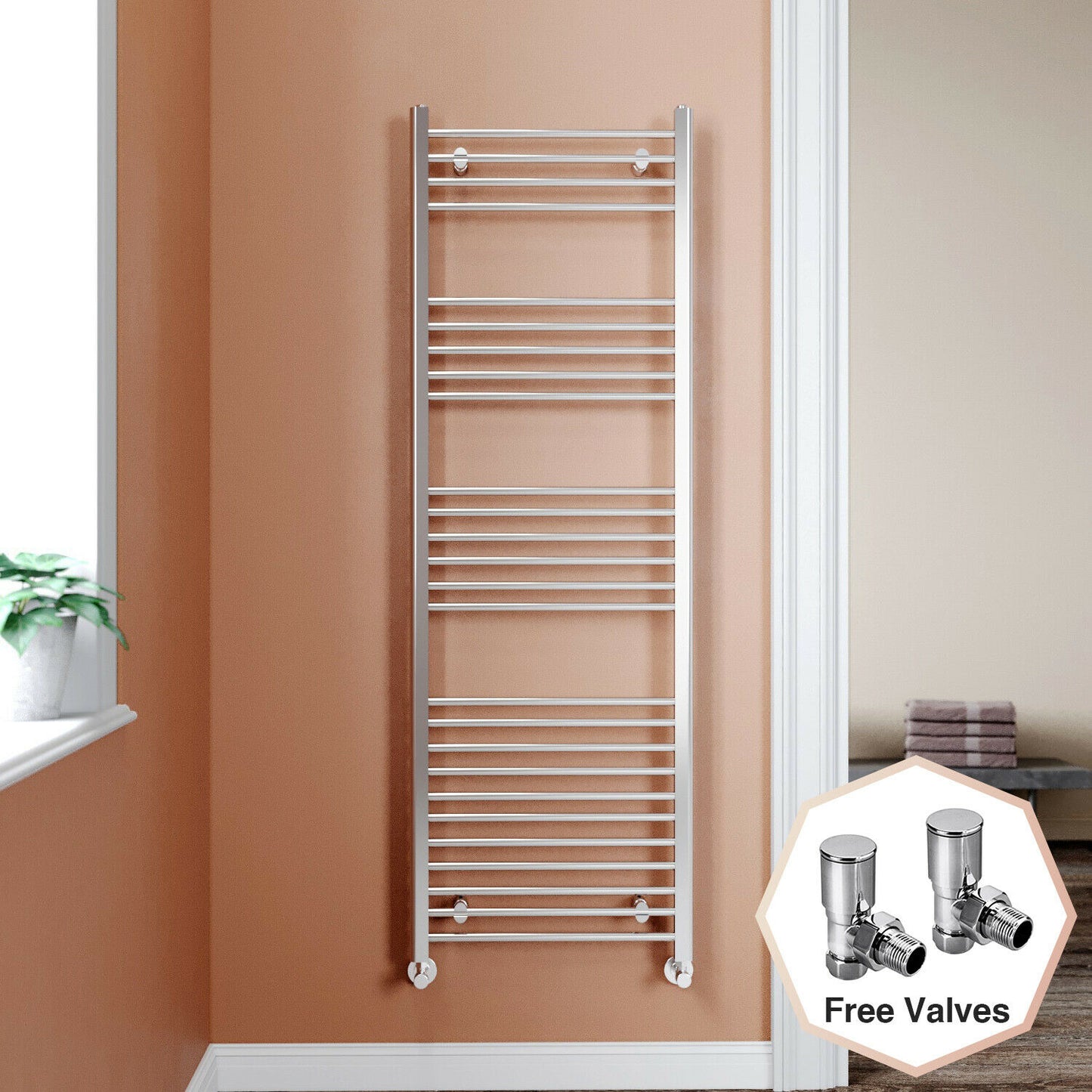 Chrome Towel Rail Radiator Rads Bathroom Heated Straight Ladder Warmer w/ Valves