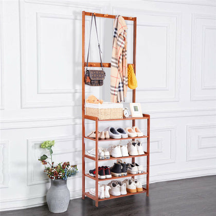 Large Wooden 5 Tiers Hat Coat Stand Clothes Shoe Rack Hanger Hooks Shelf Storage