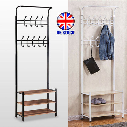 Heavy Duty Metal 18 Hooks Hat Coat Stand Clothes Shoe Rack Hanger w/Wooden Shelf