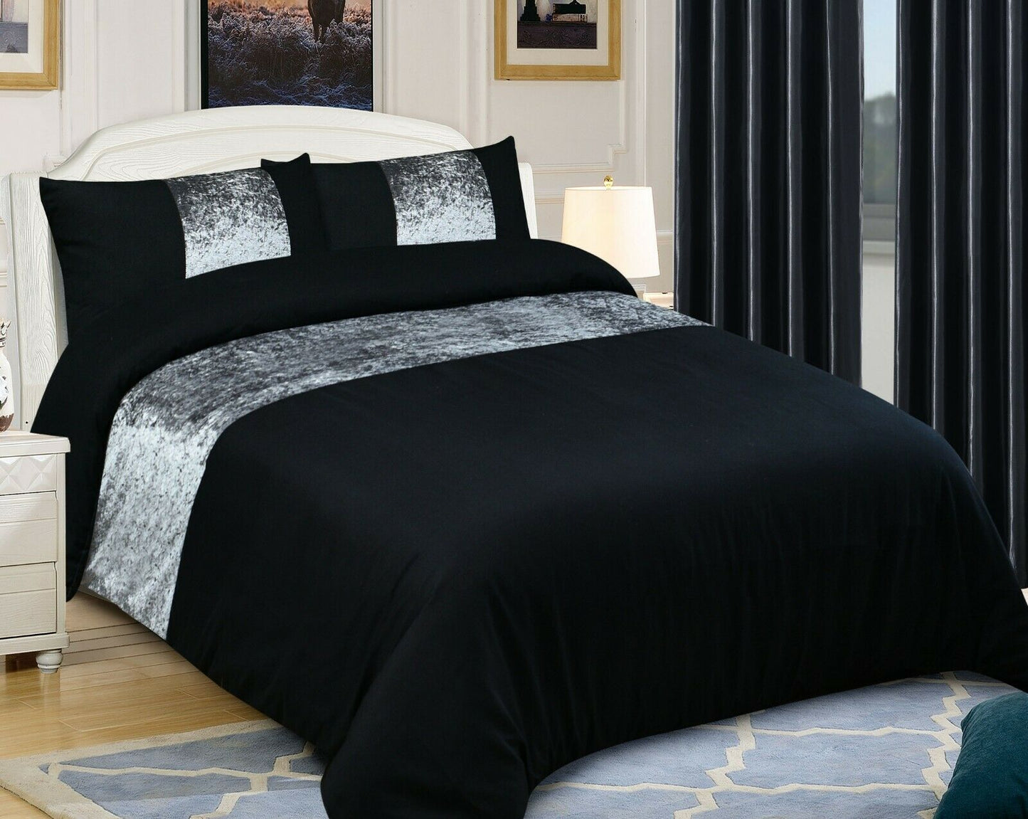 Crushed Velvet Panel Duvet Cover with Pillow Case Bedding Set Silver Grey Black