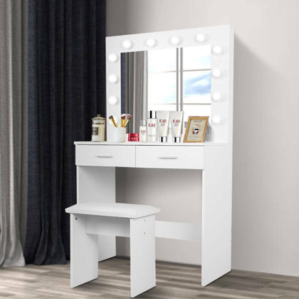 Modern Dressing Table Stool Vanity Set Makeup Desk w/ LED Light Mirror & Drawers
