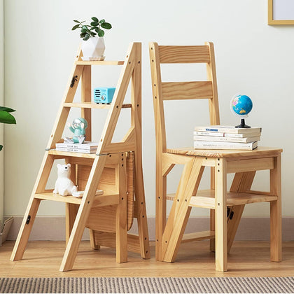 Versatile Wooden Chair/Step Stool 4-Step Reversible Folding Library Ladder
