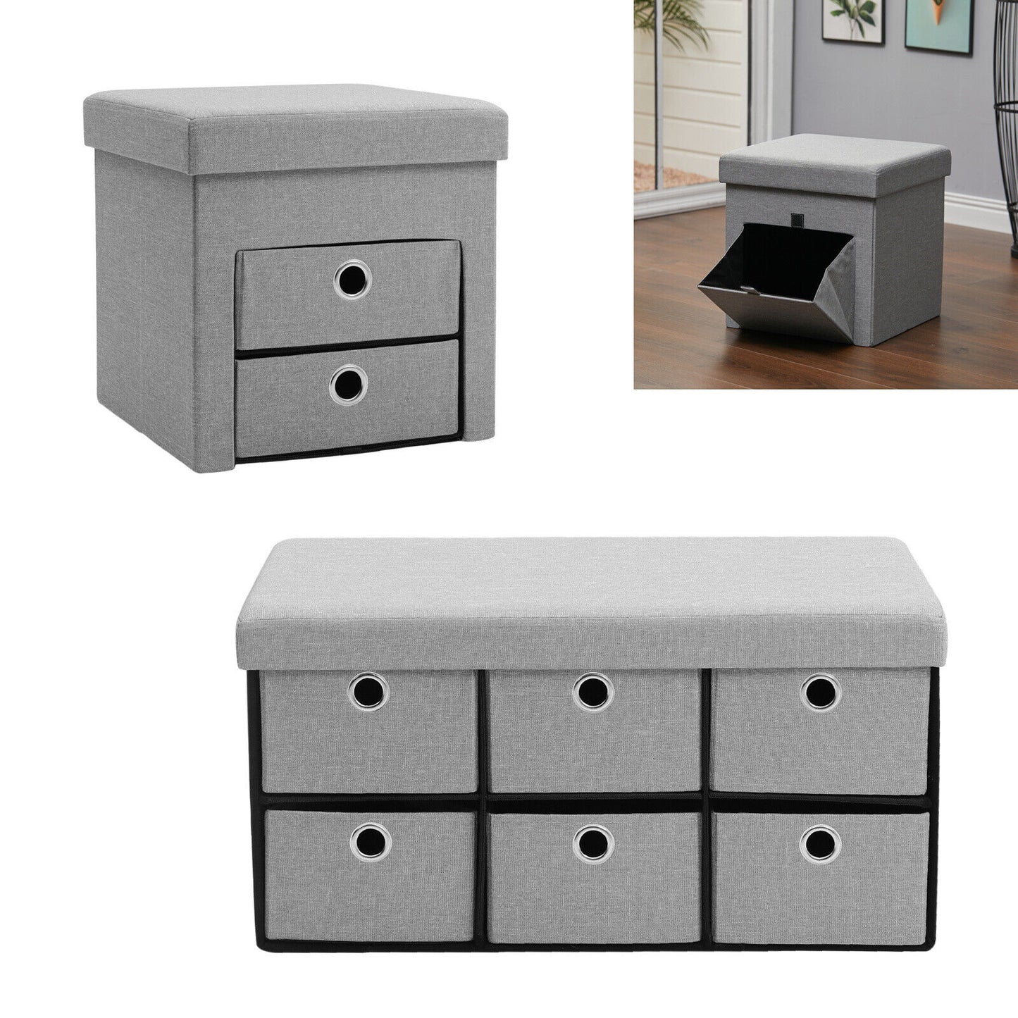 Linen Storage Stool Trunk Ottoman Pouffe Seat Footstool Chair Rect Box ChestGrey