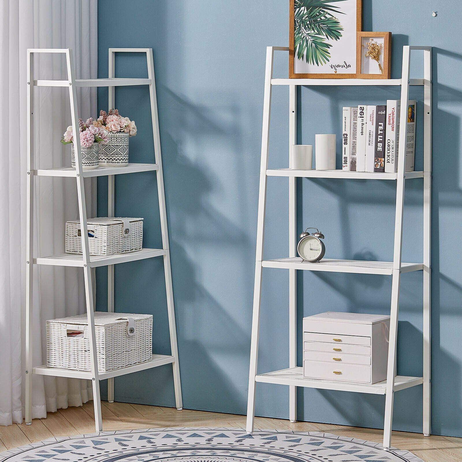 Metal Ladder Shelving 4 Tier Tall Bookshelf Plant Stand Storage Shelf Unit White