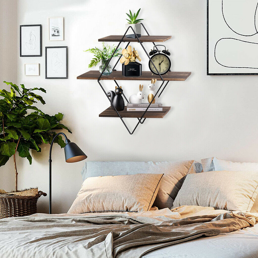 3 Tiers Diamond Floating Shelf Wall Mounted Storage Shelving Vintage Wooden Rack