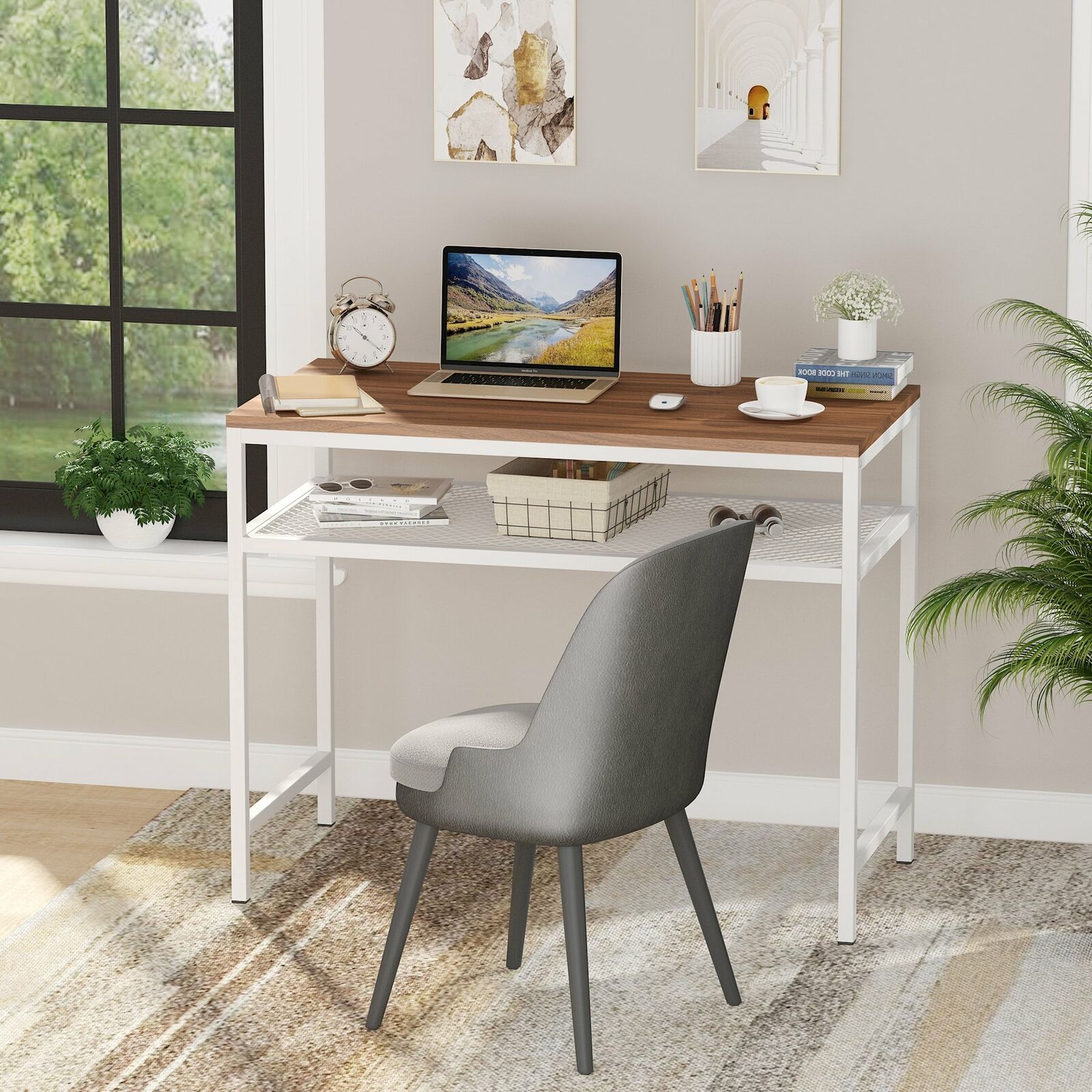 Mesh Id Computer Desk Computer Desk Home Workstation with Mesh Shelf Metal Frame Study Writi ...