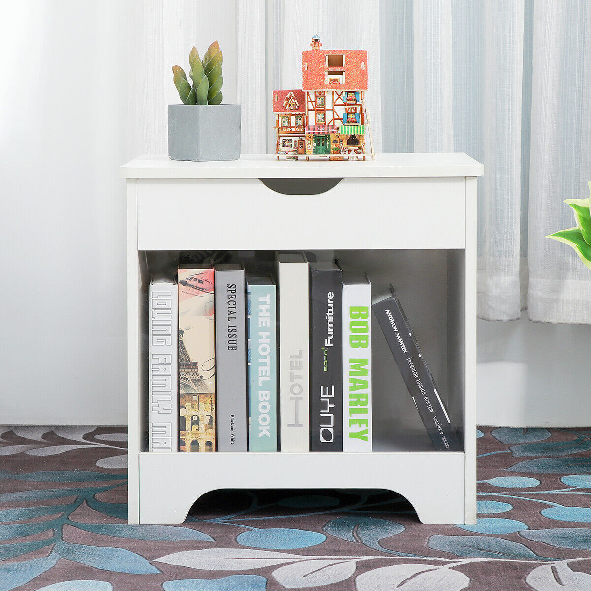 White Bedside Table Toy Box Wooden End Table Storage Cabinet Nightstan ...
