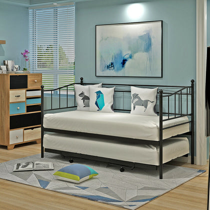 Black 3ft Single Metal Day Bed Sofabed with Pull Out Trundle Set