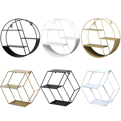 Metal Wire Wall Shelf Hexagon / Round Wall Floating Shelf Display Storage Rack