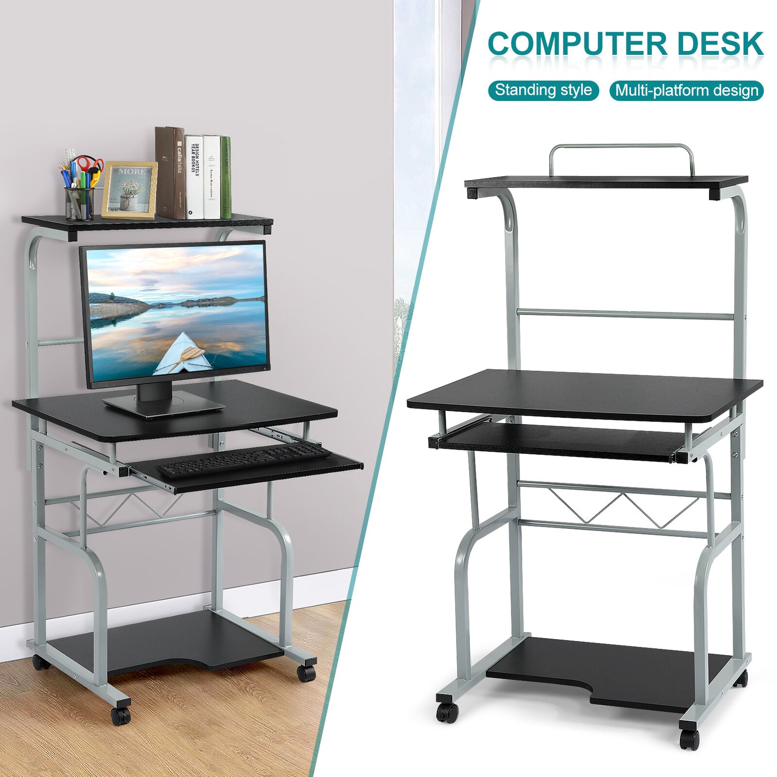 Computer Box Trolley Computer Desk Trolley w/ Keyboard Tray Home Office Study PC Table Prin ...