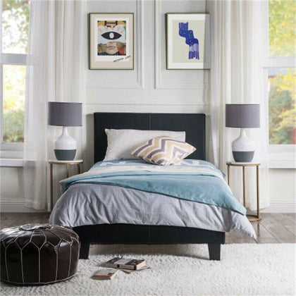 Wooden Double Bed Frame PU Leather Bed Platform with Headboard Upholstered Black