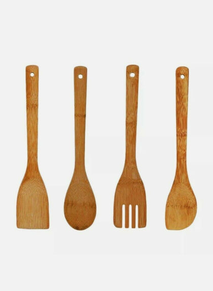 4 x BAMBOO SPOONS Wooden Spatula Spoon Kitchen Cooking Utensils Tools Turner Set