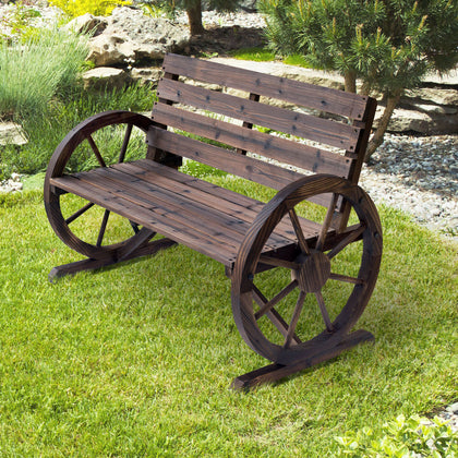 Outsunny Wooden Cart Wagon Wheel 2 Seater Garden Bench Outdoor Armrest Chair