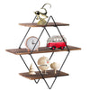 Rustic 3 Tier Diamond Wooden Floating Shelf with Metal Frame Wall Mounted