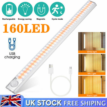 160 LED Wireless PIR Motion Sensor Light Rechargeable Strip Cabinet Closet Lamp