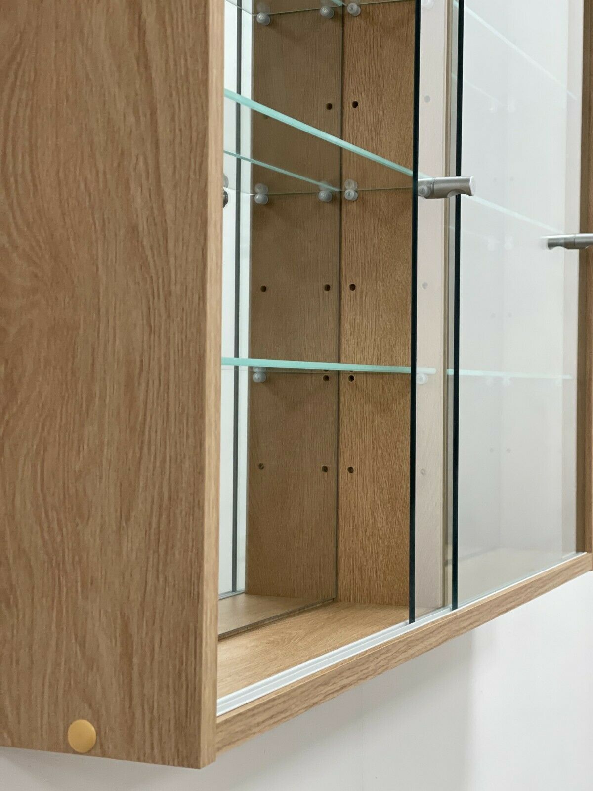 Glass Display Cabinet Wall Mounted Wide Large Toys Vapes Oak Effect Mirror Back