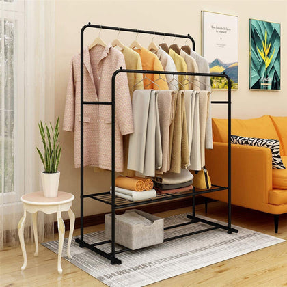 Large Space Double Rails Clothes Rack on Wheels with 2-Tier Shelves Easy Install