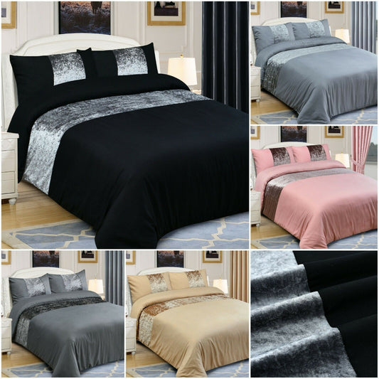 Crushed Velvet Panel Duvet Cover with Pillow Case Bedding Set Silver Grey Black