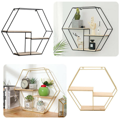 3 Wooden Shelves Metal Wall Mounted Hexagon Shelf Wire Display Storage Rack Unit
