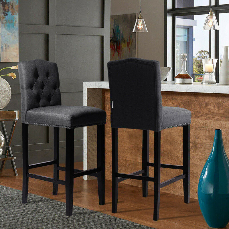 Grey Linen Fabric Breakfast Counter Chairs Bar Stools Wood Barstools Stool Chair