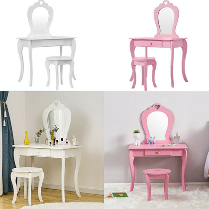 Girls Dressing Table w/ Mirror Stool Drawer Little Vanity Table Set Children UK