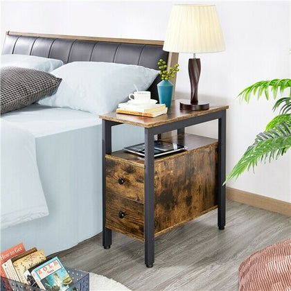 2 Drawers Side Table Bedside End Table Vintage Nightstand with Metal Leg Brown
